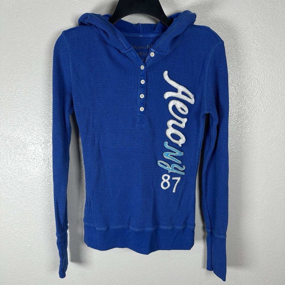 VTG Y2K Aeropostale‎ Thermal Hoodie Henley Womens Medium Blue Embroidered Waffle